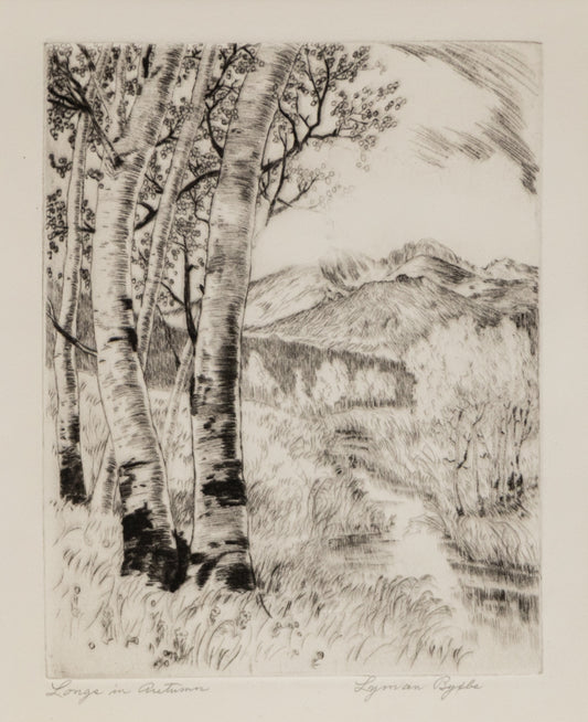 The Residence of Mr. Duroc (Farmhouse with Trees and Fence), Print, circa 1935, Lyman Byxbe (1886-1980), vintage fine art, Horizontal, Small, Framed, etching, paper, circa 1935, 1900-1949, 1930s, 1940s, 20th CENTURY (1900-1999), Lyman, Byxbe, Architecture & Cityscapes, Landscape, Winter, 7 ½ x 9 ¼ inches