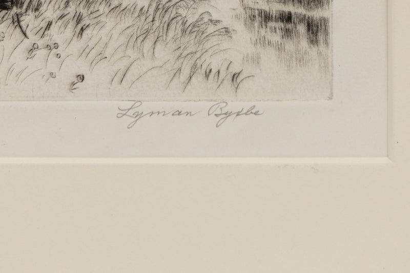 The Residence of Mr. Duroc (Farmhouse with Trees and Fence), Print, circa 1935, Lyman Byxbe (1886-1980), vintage fine art, Horizontal, Small, Framed, etching, paper, circa 1935, 1900-1949, 1930s, 1940s, 20th CENTURY (1900-1999), Lyman, Byxbe, Architecture & Cityscapes, Landscape, Winter, 7 ½ x 9 ¼ inches