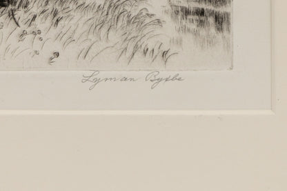 The Residence of Mr. Duroc (Farmhouse with Trees and Fence), Print, circa 1935, Lyman Byxbe (1886-1980), vintage fine art, Horizontal, Small, Framed, etching, paper, circa 1935, 1900-1949, 1930s, 1940s, 20th CENTURY (1900-1999), Lyman, Byxbe, Architecture & Cityscapes, Landscape, Winter, 7 ½ x 9 ¼ inches