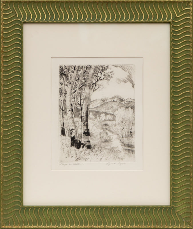 The Residence of Mr. Duroc (Farmhouse with Trees and Fence), Print, circa 1935, Lyman Byxbe (1886-1980), vintage fine art, Horizontal, Small, Framed, etching, paper, circa 1935, 1900-1949, 1930s, 1940s, 20th CENTURY (1900-1999), Lyman, Byxbe, Architecture & Cityscapes, Landscape, Winter, 7 ½ x 9 ¼ inches