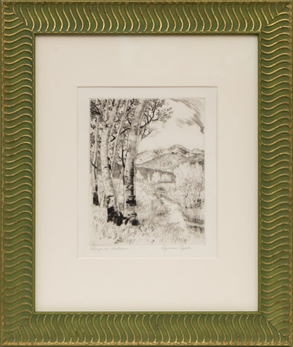 The Residence of Mr. Duroc (Farmhouse with Trees and Fence), Print, circa 1935, Lyman Byxbe (1886-1980), vintage fine art, Horizontal, Small, Framed, etching, paper, circa 1935, 1900-1949, 1930s, 1940s, 20th CENTURY (1900-1999), Lyman, Byxbe, Architecture & Cityscapes, Landscape, Winter, 7 ½ x 9 ¼ inches
