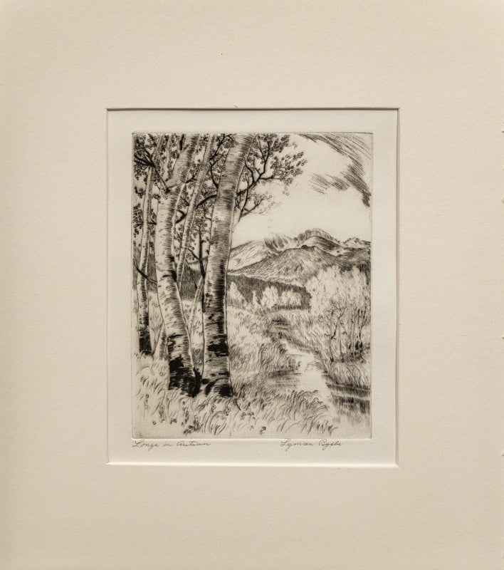 The Residence of Mr. Duroc (Farmhouse with Trees and Fence), Print, circa 1935, Lyman Byxbe (1886-1980), vintage fine art, Horizontal, Small, Framed, etching, paper, circa 1935, 1900-1949, 1930s, 1940s, 20th CENTURY (1900-1999), Lyman, Byxbe, Architecture & Cityscapes, Landscape, Winter, 7 ½ x 9 ¼ inches