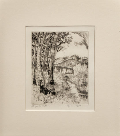 The Residence of Mr. Duroc (Farmhouse with Trees and Fence), Print, circa 1935, Lyman Byxbe (1886-1980), vintage fine art, Horizontal, Small, Framed, etching, paper, circa 1935, 1900-1949, 1930s, 1940s, 20th CENTURY (1900-1999), Lyman, Byxbe, Architecture & Cityscapes, Landscape, Winter, 7 ½ x 9 ¼ inches