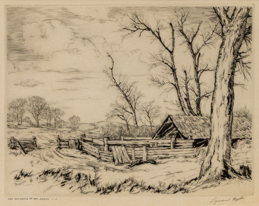 Thompson River (River with Trees, Colorado), Print, circa 1936, Lyman Byxbe (1886-1980), vintage fine art, Vertical, Small, Framed, etching, paper, circa 1936, 1900-1949, 1930s, 1940s, 20th CENTURY (1900-1999), Lyman, Byxbe, Landscape, Mountains, Colorado, 6 x 4 inches