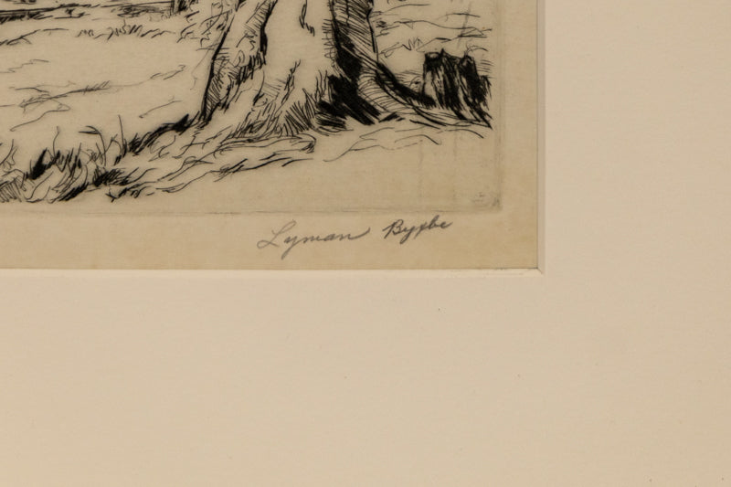 Thompson River (River with Trees, Colorado), Print, circa 1936, Lyman Byxbe (1886-1980), vintage fine art, Vertical, Small, Framed, etching, paper, circa 1936, 1900-1949, 1930s, 1940s, 20th CENTURY (1900-1999), Lyman, Byxbe, Landscape, Mountains, Colorado, 6 x 4 inches