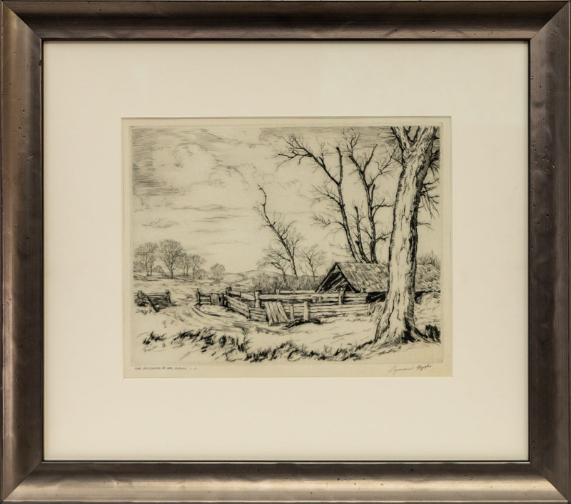 Thompson River (River with Trees, Colorado), Print, circa 1936, Lyman Byxbe (1886-1980), vintage fine art, Vertical, Small, Framed, etching, paper, circa 1936, 1900-1949, 1930s, 1940s, 20th CENTURY (1900-1999), Lyman, Byxbe, Landscape, Mountains, Colorado, 6 x 4 inches