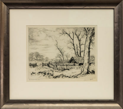 Thompson River (River with Trees, Colorado), Print, circa 1936, Lyman Byxbe (1886-1980), vintage fine art, Vertical, Small, Framed, etching, paper, circa 1936, 1900-1949, 1930s, 1940s, 20th CENTURY (1900-1999), Lyman, Byxbe, Landscape, Mountains, Colorado, 6 x 4 inches