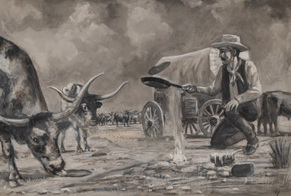 Indiscernible artwork for sale. Untitled (Cowboy & Longhorns), Painting, Denver, Colorado, Art Gallery)