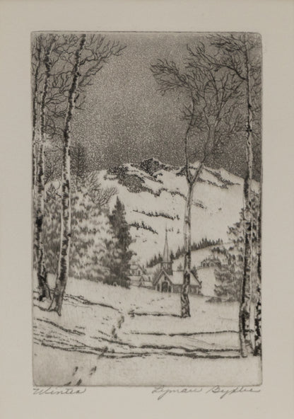 Lyman Byxbe (1886-1980) artwork for sale. Winter (Snowy Landscape with Church and Aspens), Print, circa 1940