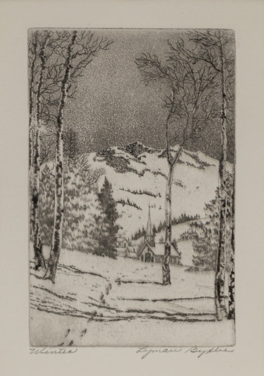 Lyman Byxbe (1886-1980) artwork for sale. Winter (Snowy Landscape with Church and Aspens), Print, circa 1940