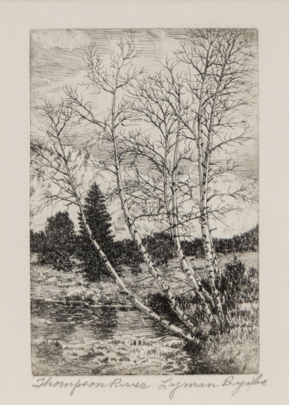 Emerald Lake (Rocky Mountain National Park, Colorado), Print, circa 1940, Lyman Byxbe (1886-1980), vintage fine art, Vertical, Small, Framed, etching, circa 1940, 1900-1949, 1930s, 1940s, 20th CENTURY (1900-1999), Lyman, Byxbe, Landscape, Mountains, Colorado, 5 ¾ x 4 inches