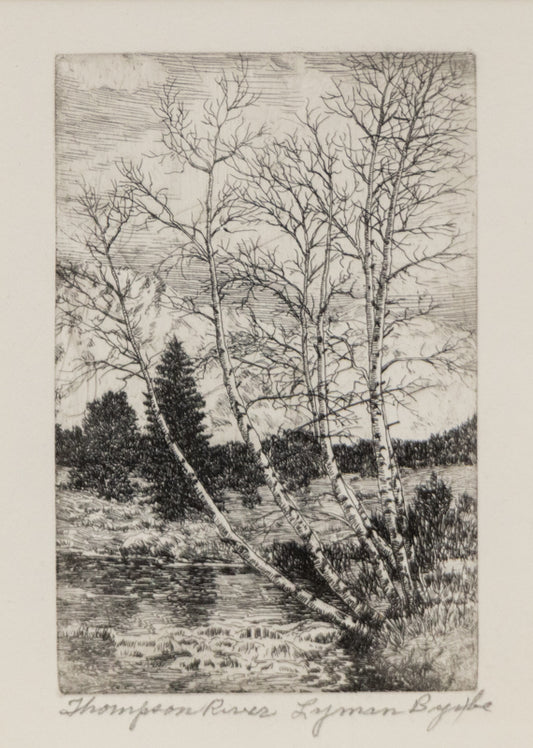 Emerald Lake (Rocky Mountain National Park, Colorado), Print, circa 1940, Lyman Byxbe (1886-1980), vintage fine art, Vertical, Small, Framed, etching, circa 1940, 1900-1949, 1930s, 1940s, 20th CENTURY (1900-1999), Lyman, Byxbe, Landscape, Mountains, Colorado, 5 ¾ x 4 inches