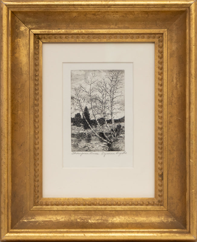 Emerald Lake (Rocky Mountain National Park, Colorado), Print, circa 1940, Lyman Byxbe (1886-1980), vintage fine art, Vertical, Small, Framed, etching, circa 1940, 1900-1949, 1930s, 1940s, 20th CENTURY (1900-1999), Lyman, Byxbe, Landscape, Mountains, Colorado, 5 ¾ x 4 inches