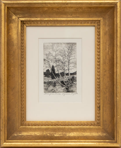 Emerald Lake (Rocky Mountain National Park, Colorado), Print, circa 1940, Lyman Byxbe (1886-1980), vintage fine art, Vertical, Small, Framed, etching, circa 1940, 1900-1949, 1930s, 1940s, 20th CENTURY (1900-1999), Lyman, Byxbe, Landscape, Mountains, Colorado, 5 ¾ x 4 inches
