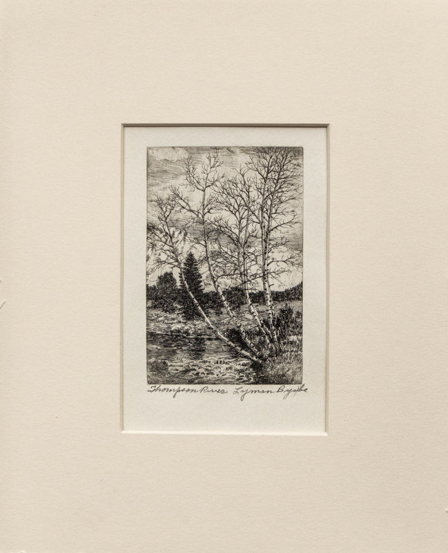 Emerald Lake (Rocky Mountain National Park, Colorado), Print, circa 1940, Lyman Byxbe (1886-1980), vintage fine art, Vertical, Small, Framed, etching, circa 1940, 1900-1949, 1930s, 1940s, 20th CENTURY (1900-1999), Lyman, Byxbe, Landscape, Mountains, Colorado, 5 ¾ x 4 inches