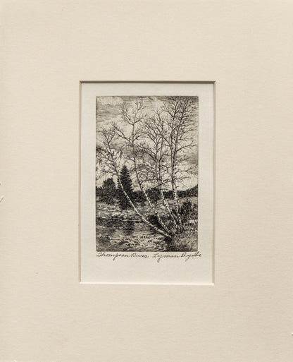 Emerald Lake (Rocky Mountain National Park, Colorado), Print, circa 1940, Lyman Byxbe (1886-1980), vintage fine art, Vertical, Small, Framed, etching, circa 1940, 1900-1949, 1930s, 1940s, 20th CENTURY (1900-1999), Lyman, Byxbe, Landscape, Mountains, Colorado, 5 ¾ x 4 inches