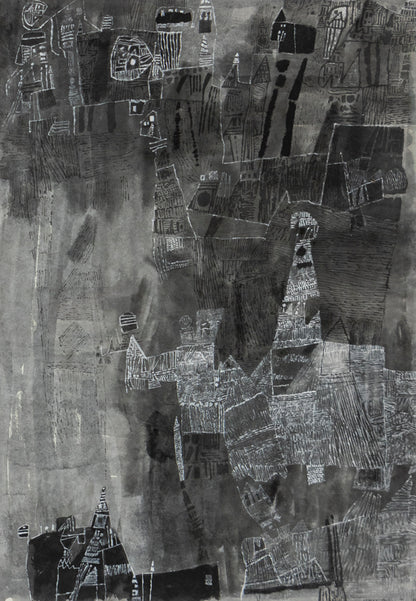 Ynez Johnston (1920-2019) artwork for sale. Untitled (Abstract monochrome composition in Black and White), Painting, 1985, Denver, Colorado, Art Gallery)