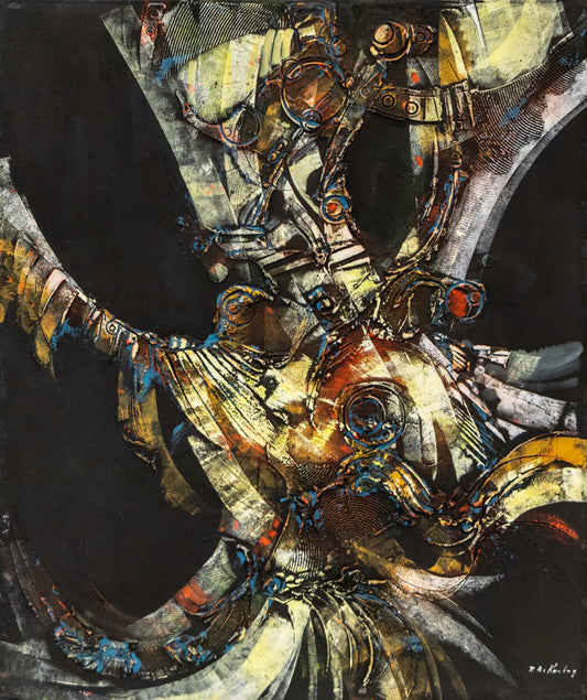 Pawel Kontny (1923-2002) artwork for sale. Abstract Dancer (Abstract Composition in Red, Ochre, and Yellow on a Black Field), Painting, circa 1960-1970, Denver, Colorado, Art Gallery)