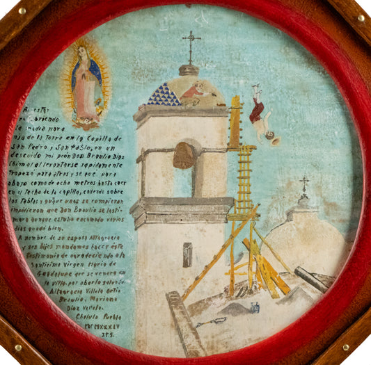 Ex Voto; Holy Tribute for the Healing from Falling off the Church Bell Tower., Retablo, dated 1934