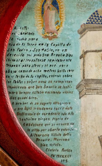 Ex Voto; Holy Tribute for the Healing from Falling off the Church Bell Tower., Retablo, dated 1934