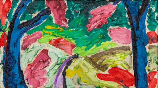 Louis Recchia (1949 -) artwork for sale. Purple Road (Semi Abstract Landscape with Hills, Road, and Trees), Painting, dated 1987, Denver, Colorado, Art Gallery)