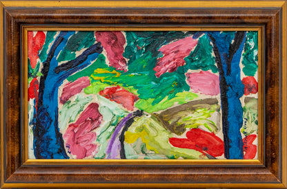 Purple Road (Semi Abstract Landscape with Hills, Road, and Trees), Painting, dated 1987