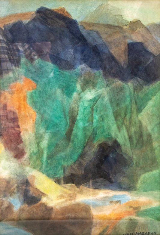 Horses by the Stream (Colorado), Painting, Ethel Magafan (1916-1993), Painting, 21 ¼ x 14 ½ inches, Shipbox: ShipBox-M, Vertical, Medium, Framed, watercolor, paper, 1950-1999, 20th CENTURY (1900-1999), Ethel, Magafan, Abstract, Animals & Wildlife, Landscape, Mountains, Women Artists, Broadmoor Art Academy - Colorado Springs Fine Arts Center, Colorado, Fine Art