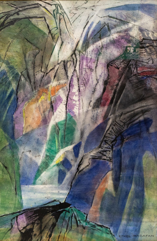 Canyon Morning (Colorado), Painting, dated 1982, Ethel Magafan (1916-1993), Painting, 22 x 14 ½ inches, Shipbox: ShipBox-M, Vertical, Medium, Framed, watercolor, paper, dated 1982, 1950-1999, 1980s, Ethel, Magafan, Abstract, Landscape, Mountains, Women Artists, Broadmoor Art Academy - Colorado Springs Fine Arts Center, Colorado, Fine Art