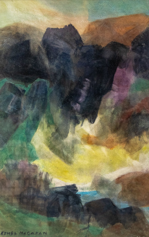 Remembered Valley (Colorado), Painting, Ethel Magafan (1916-1993), Painting, 22 x 14 inches, Shipbox: ShipBox-M, Vertical, Medium, Framed, watercolor, paper, 1950-1999, 1980s, 20th CENTURY (1900-1999), Ethel, Magafan, Abstract, Landscape, Mountains, Women Artists, Broadmoor Art Academy - Colorado Springs Fine Arts Center, Colorado, Fine Art