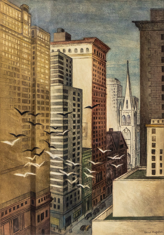 When the Bells Chime (New York City, NY), Painting, dated 1939, Ethel Magafan (1916-1993), Painting, 21 ¼ x 14 ¾ inches, Shipbox: ShipBox-M, Vertical, Medium, Framed, watercolor, paper, dated 1939, 1900-1949, 1930s, 20th CENTURY (1900-1999), Ethel, Magafan, Architecture & Cityscapes, Mid-Century Modern, Broadmoor Art Academy - Colorado Springs Fine Arts Center, Fine Art
