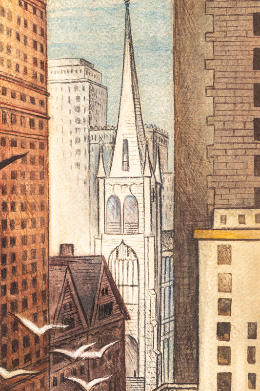 When the Bells Chime (New York City, NY), Painting, dated 1939, Ethel Magafan (1916-1993), Painting, 21 ¼ x 14 ¾ inches, Shipbox: ShipBox-M, Vertical, Medium, Framed, watercolor, paper, dated 1939, 1900-1949, 1930s, 20th CENTURY (1900-1999), Ethel, Magafan, Architecture & Cityscapes, Mid-Century Modern, Broadmoor Art Academy - Colorado Springs Fine Arts Center, Fine Art