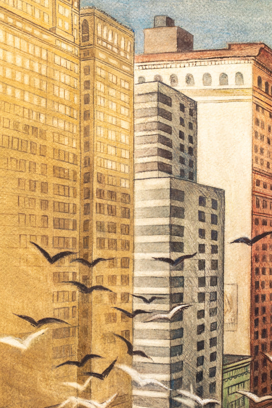 When the Bells Chime (New York City, NY), Painting, dated 1939, Ethel Magafan (1916-1993), Painting, 21 ¼ x 14 ¾ inches, Shipbox: ShipBox-M, Vertical, Medium, Framed, watercolor, paper, dated 1939, 1900-1949, 1930s, 20th CENTURY (1900-1999), Ethel, Magafan, Architecture & Cityscapes, Mid-Century Modern, Broadmoor Art Academy - Colorado Springs Fine Arts Center, Fine Art