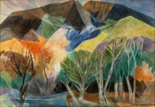 Autumn Day (Mountains and Trees in Autumn), Painting, Ethel Magafan (1916-1993), Painting, 13 ½ x 19 ½ inches, Shipbox: ShipBox-M, Horizontal, Small, Framed, watercolor, paper, 20th CENTURY (1900-1999), Ethel, Magafan, Abstract, Autumn (Fall), Landscape, Mountains, Women Artists, Broadmoor Art Academy - Colorado Springs Fine Arts Center, Colorado, Fine Art