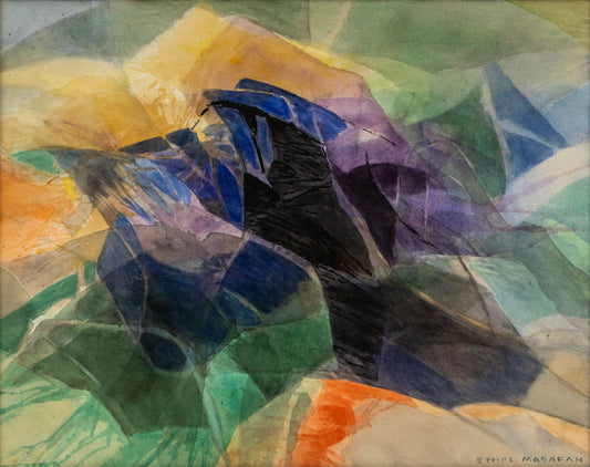 Above the Plains (Semi Abstract Colorado Landscape), Painting, circa 1970, Ethel Magafan (1916-1993), Painting, 15 ¼ x 19 ¼ inches, Shipbox: ShipBox-M, Horizontal, Small, Framed, watercolor, paper, circa 1970, 1950-1999, 1960s, 1970s, 1980s, 20th CENTURY (1900-1999), Ethel, Magafan, Abstract, Landscape, Mountains, Women Artists, Broadmoor Art Academy - Colorado Springs Fine Arts Center, Colorado, Fine Art