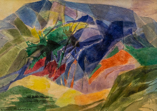 Valley World (Colorado), Painting, Ethel Magafan (1916-1993), Painting, 9 ¾ x 13 ¾ inches, Shipbox: ShipBox-S, Horizontal, Small, Framed, watercolor, paper, 20th CENTURY (1900-1999), Ethel, Magafan, Abstract, Landscape, Mountains, Women Artists, Broadmoor Art Academy - Colorado Springs Fine Arts Center, Colorado, Fine Art
