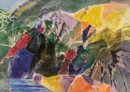 Springtime (Colorado), Painting, circa 1970, Ethel Magafan (1916-1993), Painting, 9 ¾ x 13 ¾ inches, Shipbox: ShipBox-S, Horizontal, Small, Framed, watercolor, paper, circa 1970, 1950-1999, 1960s, 1970s, 1980s, 20th CENTURY (1900-1999), Ethel, Magafan, Abstract, Landscape, Mountains, Women Artists, Broadmoor Art Academy - Colorado Springs Fine Arts Center, Colorado, Fine Art