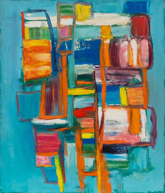 Jacob Ladder (Abstract in Pink, Red, Orange, Yellow, and Blue), Painting, dated 1964
