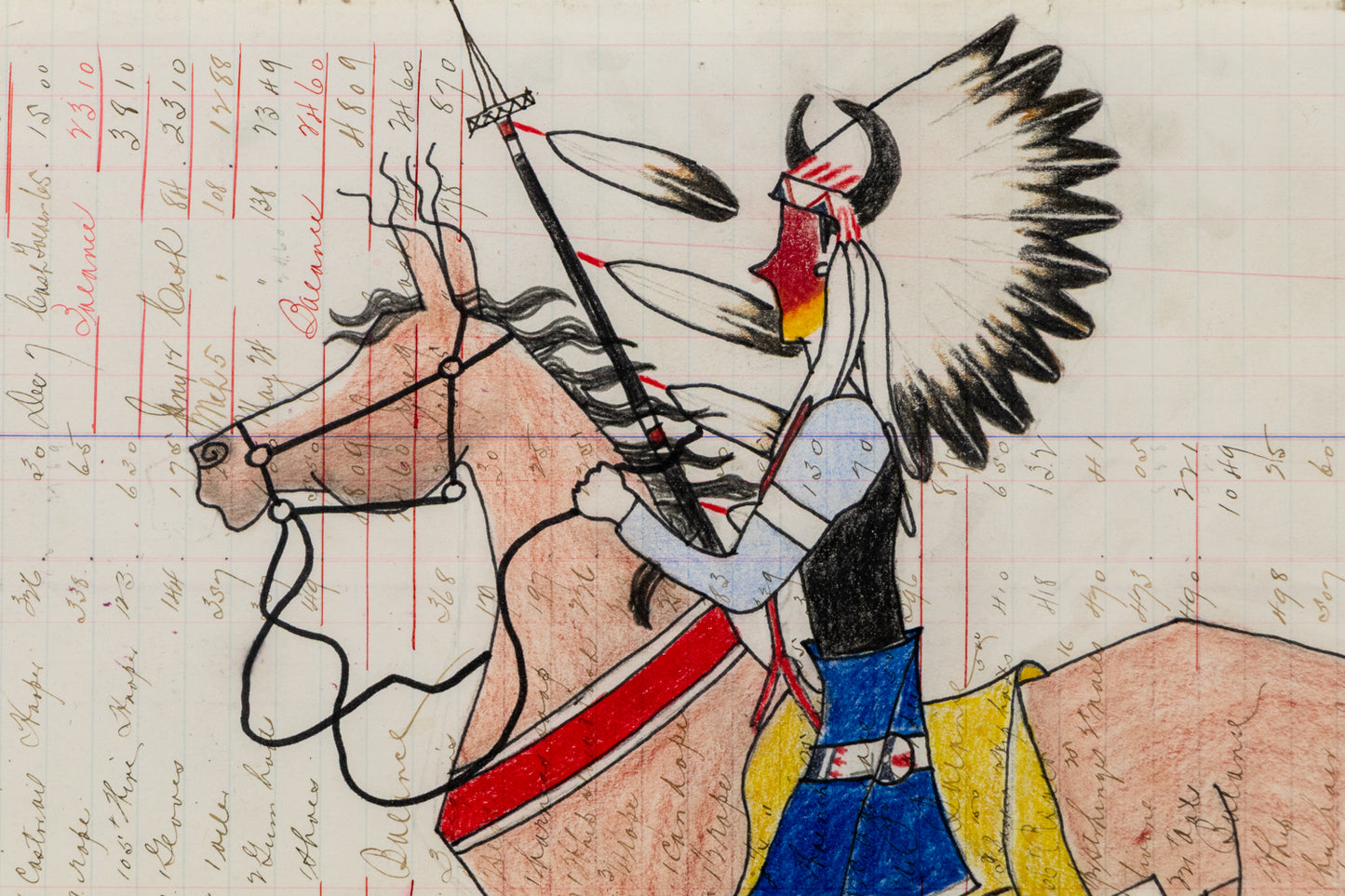 Warrior on Horseback, Ledger Art, dated 2025