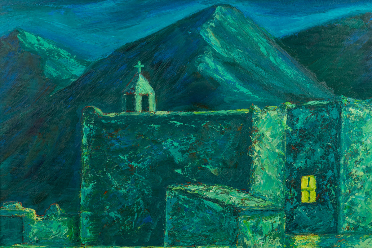 Moon Light (Adobe Church and Mountains), Painting, circa 1930-1950