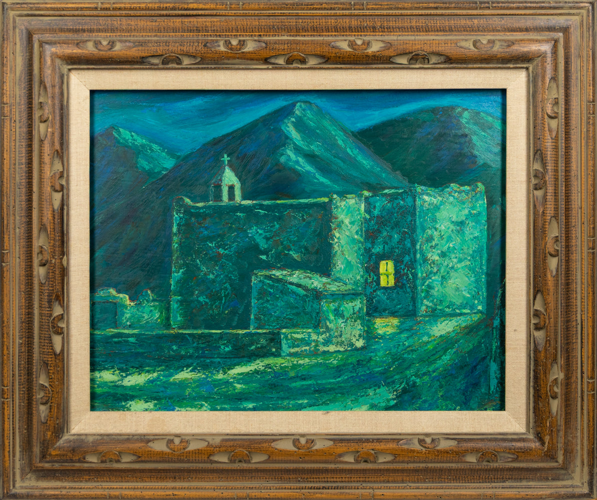 Moon Light (Adobe Church and Mountains), Painting, circa 1930-1950