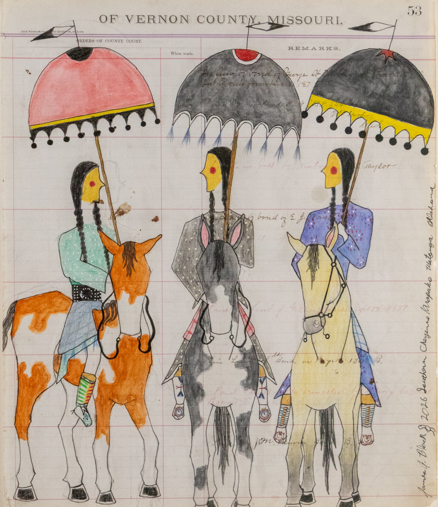 James Black (Cheyenne), Untitled (Three Women on Horseback with Parasols), dated 2026, colored pencil on paper Drawing