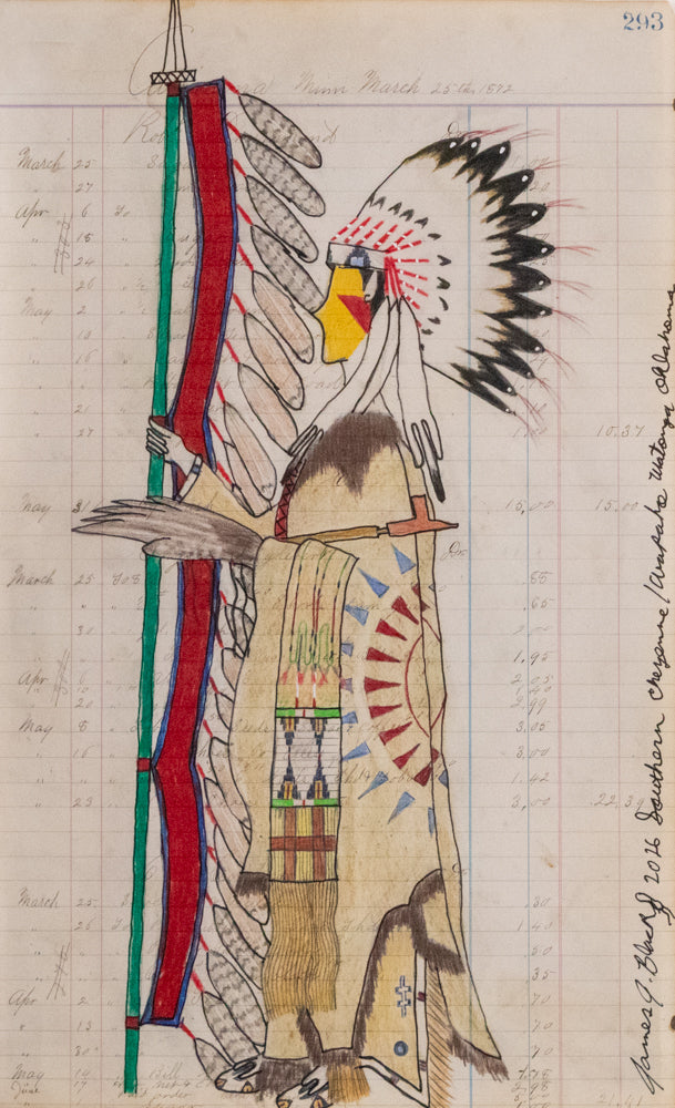 James Black (Cheyenne), Untitled (Chief Figure with Feathers and Beaded Moccasins), dated 2026, colored pencil on paper Drawing