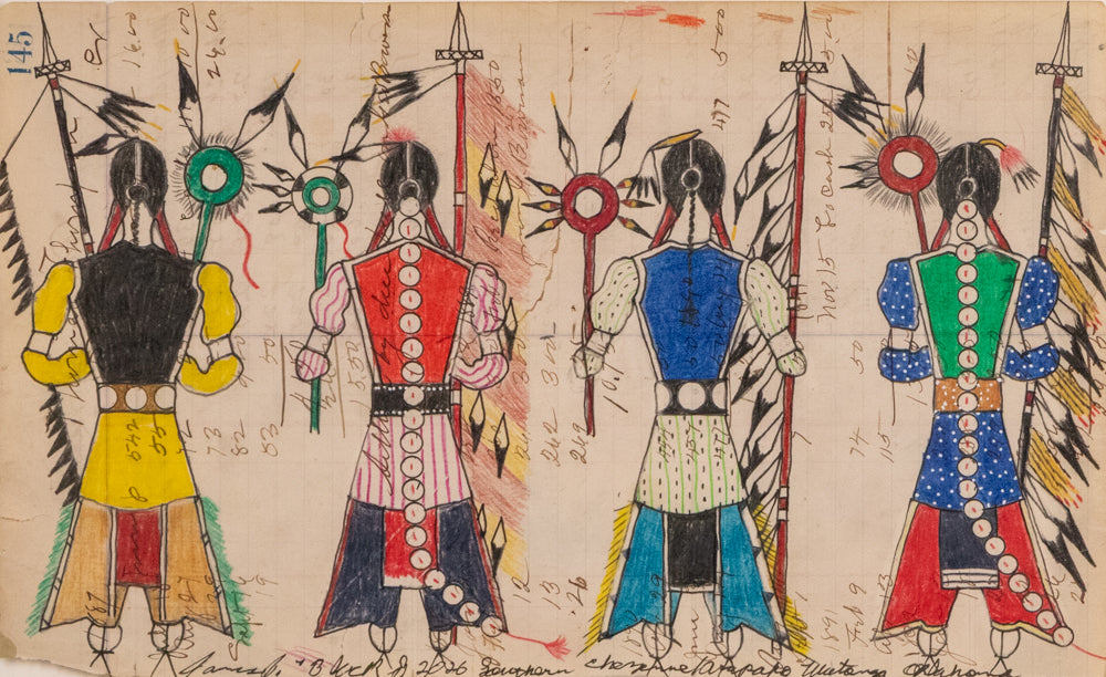 James Black (Cheyenne), Untitled (Native American Figures with Spears), dated 2026, colored pencil on paper Drawing