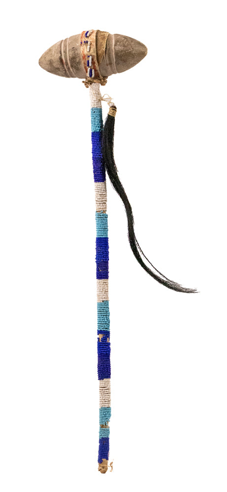 19th Century Plains Skull Cracker with Beaded Handle, Sioux, glass trade beads and horse hair on stone Skull knocker