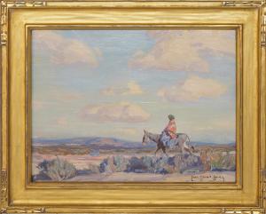 Carl Oscar Borg, "The Squaw, Chinle, Arizona  (Native American Woman on Horseback in a Desert Landscape)", oil, 1920