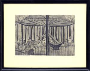hilaire hiler carousel, paris, merry go round, france, 1920s print, vintage art for sale, graphite drawing, children, park