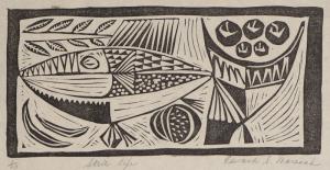 Edward Marecak, Still Life With a Fish, woodcut, Woodblock, fish, 1940, 1950, 1960, 1970, Print, modernist, midcentury, modern, abstract, Art, for sale, Denver, Colorado, gallery, purchase, vintage, black, white