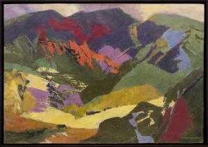 Ethel Magafan, "End of the Meadow, Semi Abstract Colorado Mountain Landscape, vintage painting for sale, tempera, 1971, broadmoor art academy, woman artist, female