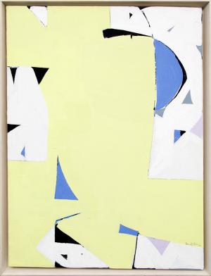 Beatrice Mandelman, "Yellow Sun", acrylic, circa 1975, bea mandelman abstract painting for sale, woman artist, new mexico, mid-century modern art, yellow, blue, white, black