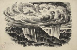 Arnold Ronnebeck, Rain in the Rockies, lithograph, circa 1939, vintage, 1930s, landscape, black, white, clouds, mountains, art, for sale, buy, purchase, gallery, denver, colorado